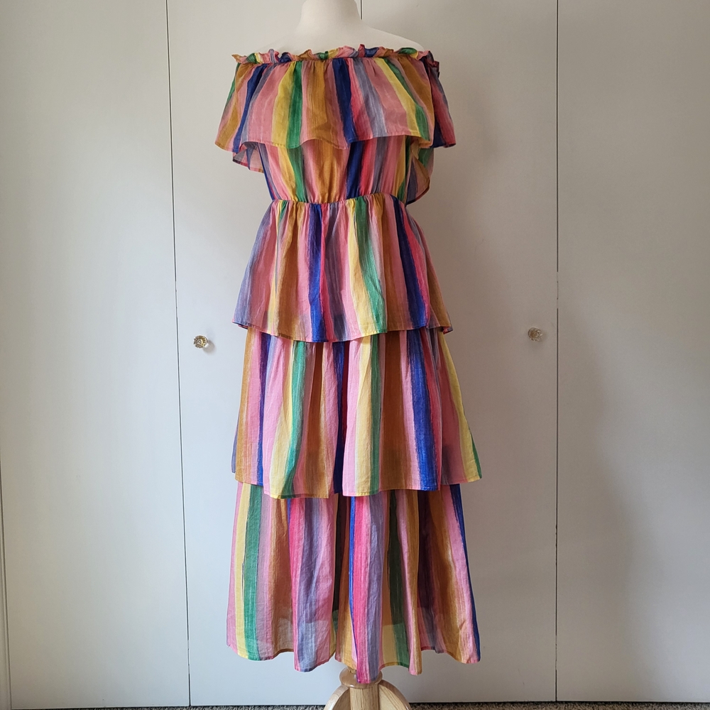 English Factory Colorful Striped Tiered Ruffle Off The Shoulder Dress Size L